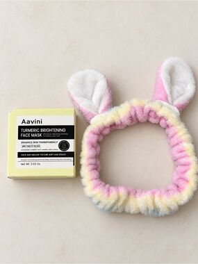 Aavini Turmeric Face Mask & Pastel Cat Ear Spa Headband Set NWT